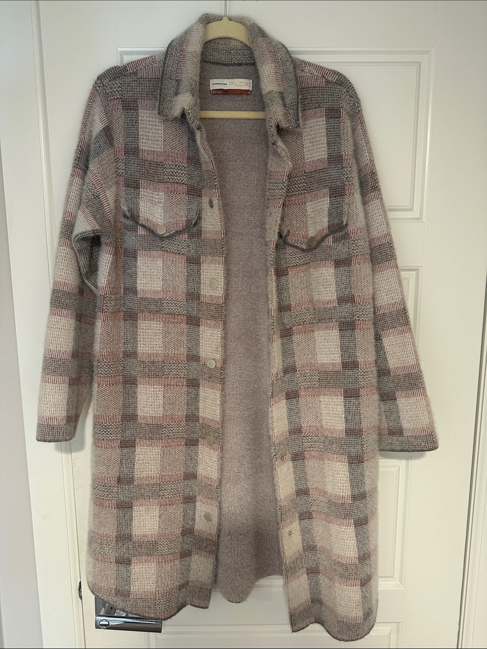 Pilcro x Anthropologie Plaid Longline Coatigan in Pink Gray Cream